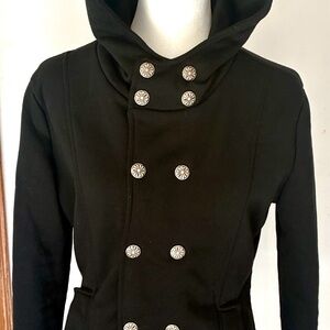 Women's Black Double-Breasted Hooded Top
